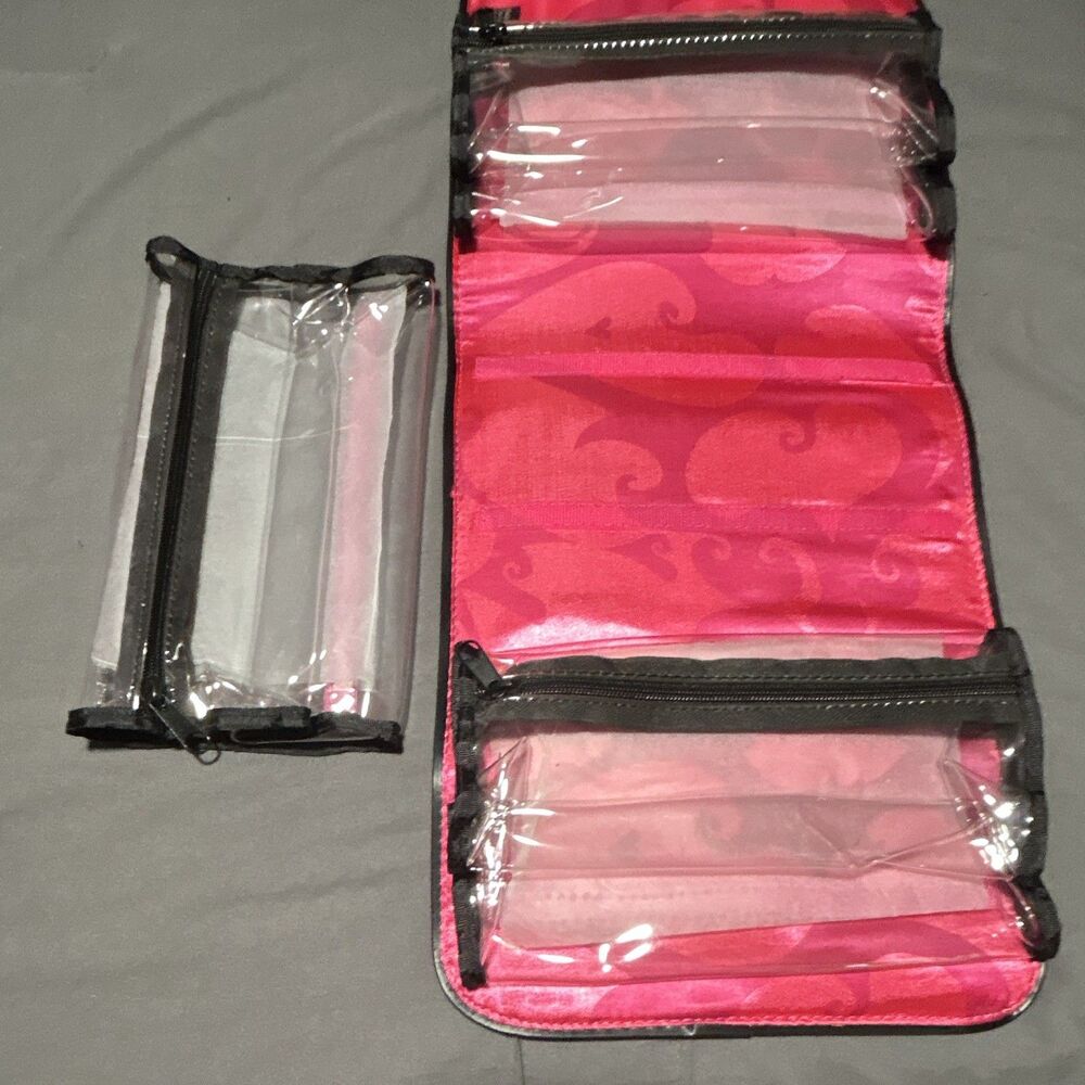 Mary Kay Folding Makeup Bag w/ Handle Clear Removable Zipper Pouches Black/Pink
